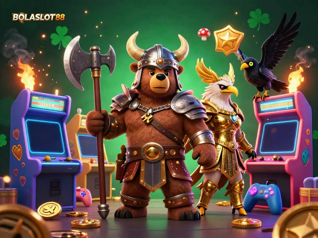 BOLASLOT88 showcases a Viking bear and Valkyrie eagle in an action-packed casino scene, surrounded by colorful gaming elements.