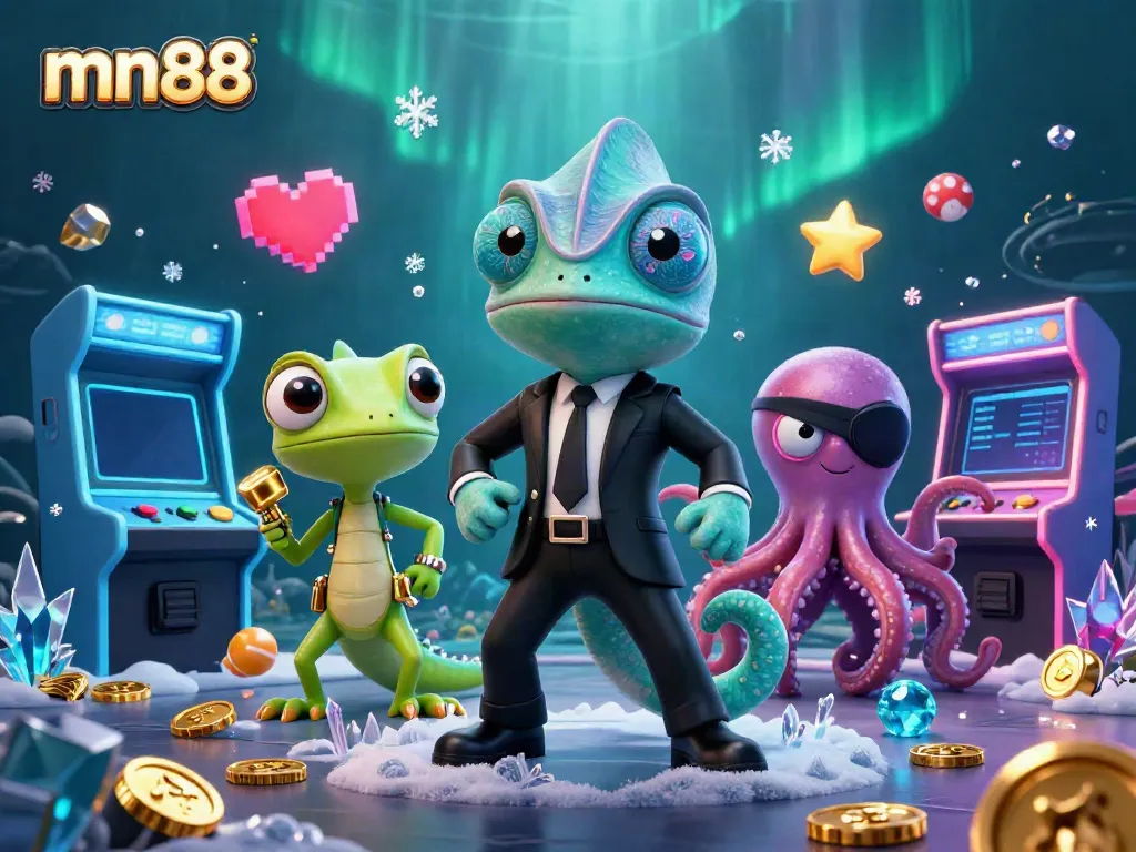 Engage with vibrant mn88 characters in a dynamic underwater casino adventure, featuring a chameleon, gecko, and octopus.