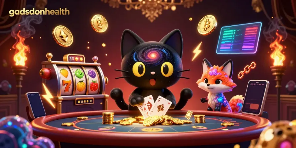 Gadsdenhealth memperlihatkan kucing hitam lubang merah dengan kartu bingo dan chip emas, menang di kasino.