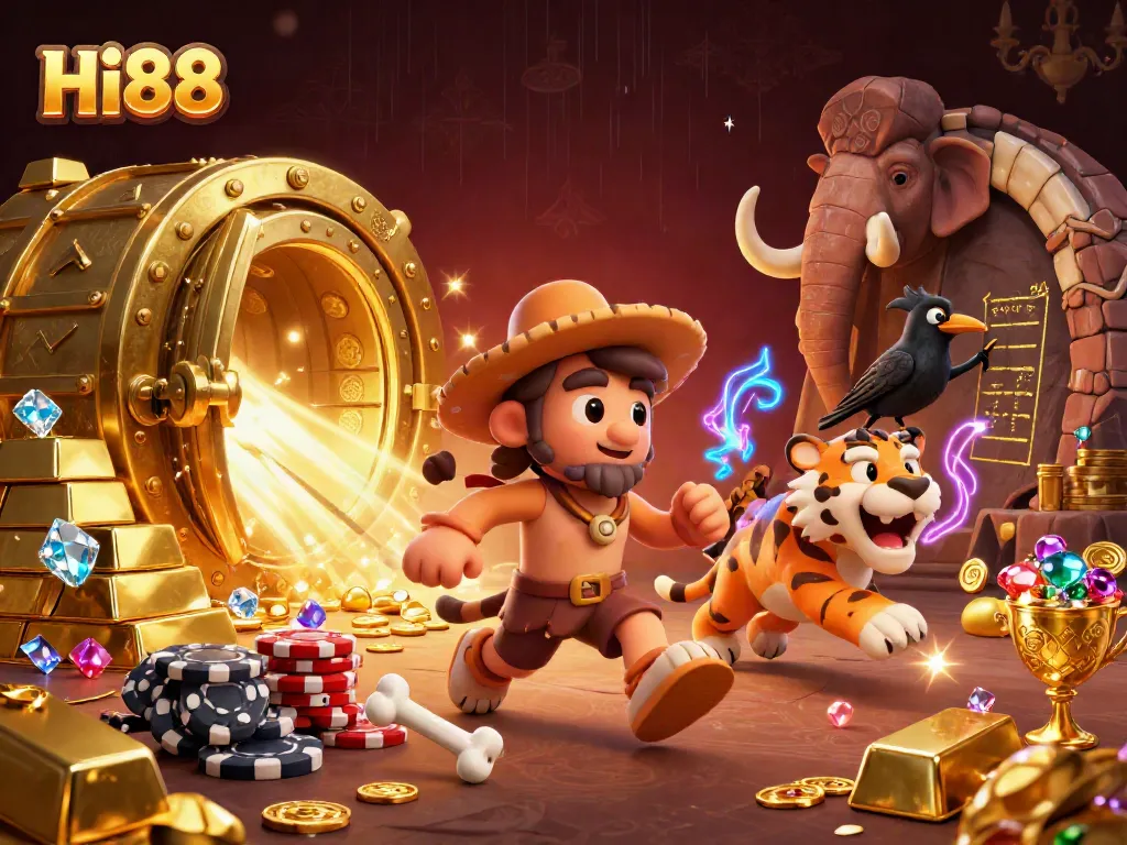 Hi88 transforms casino gaming with a vibrant prehistoric scene featuring cavemen and animated treasures.