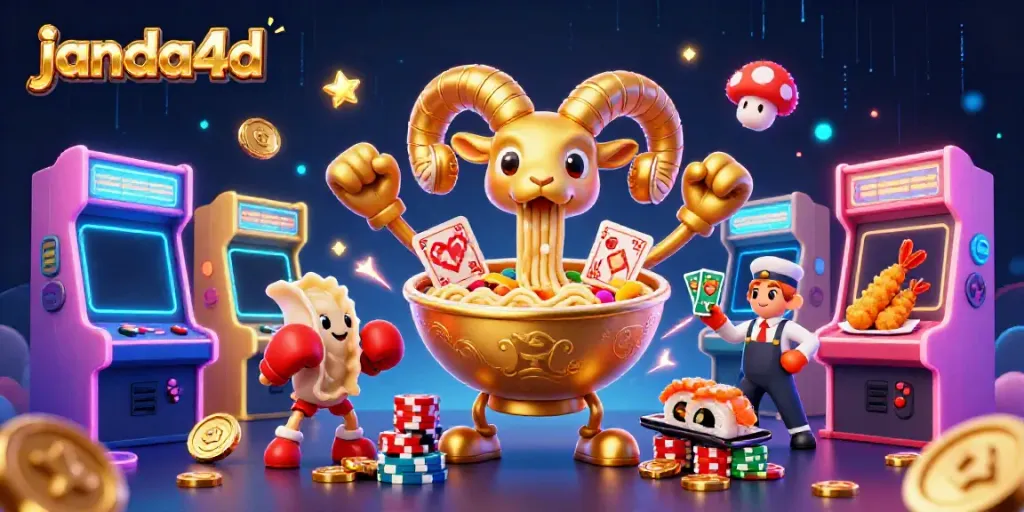 Menangkan permainan janda4d dengan karakter unik dalam ilustrasi kasino digital 3D yang penuh warna.