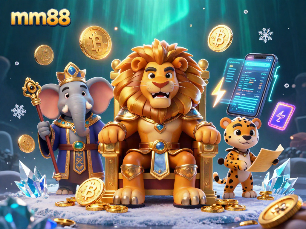 Bet on success with mm88: A vibrant 3D casino scene featuring royal characters and crypto elements.