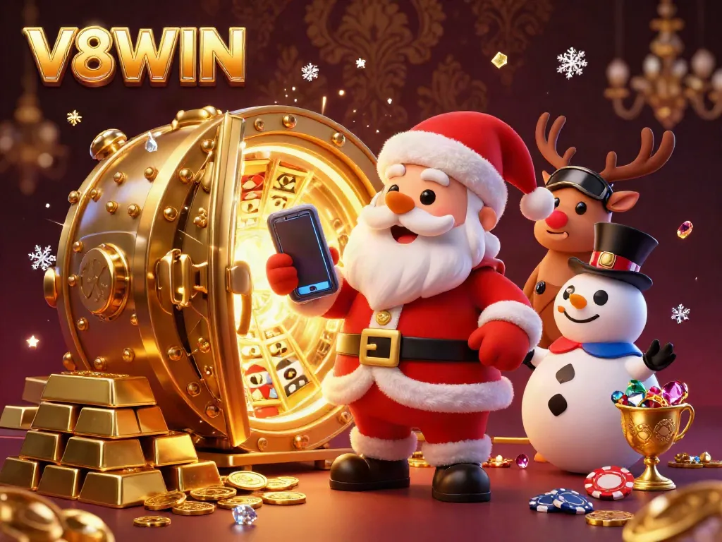 Experience the festive spirit and big wins with V8WIN in this animated casino illustration.