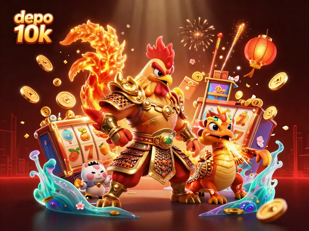 Permainan slot depo 10K dengan simbol keberuntungan dan karakter menarik di dalam ilustrasi digital.