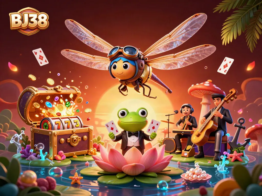 Experience the excitement of BJ38 with a dragonfly pilot hovering over a vibrant casino scene.