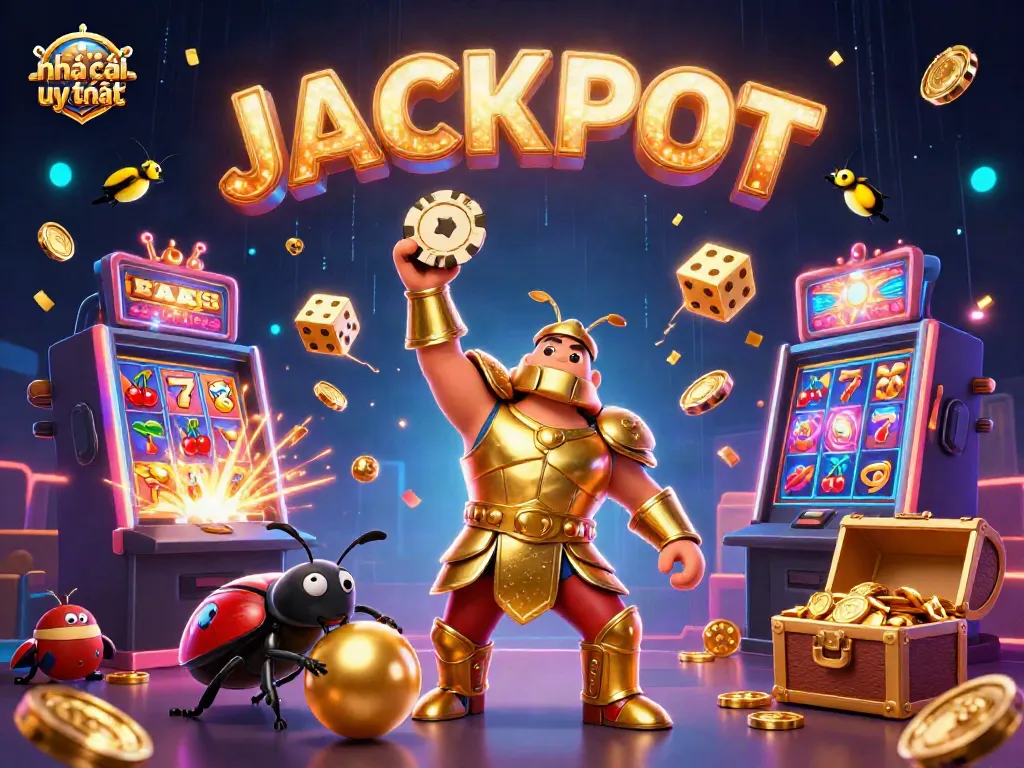 Experience the excitement with nhà cái uy tín as a cartoon beetle celebrates a jackpot in a vibrant casino scene.