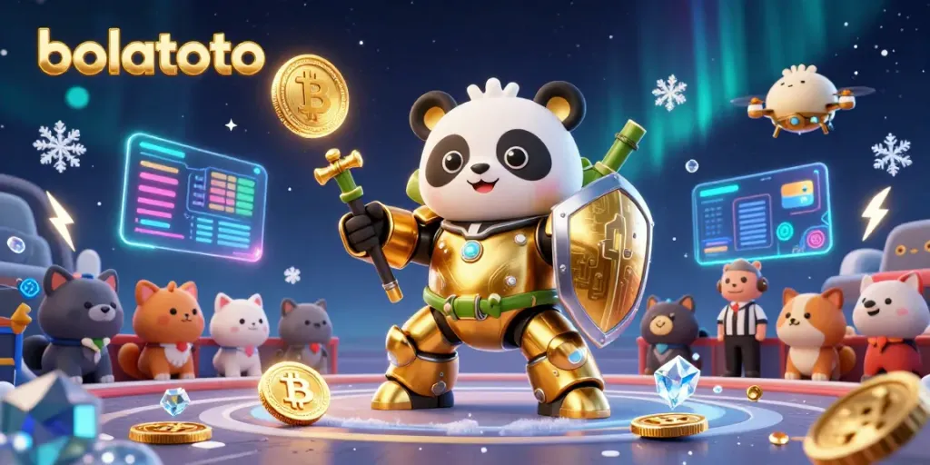 Experience exciting gameplay with bolatoto in a vibrant 3D illustration featuring a mech-suit panda.