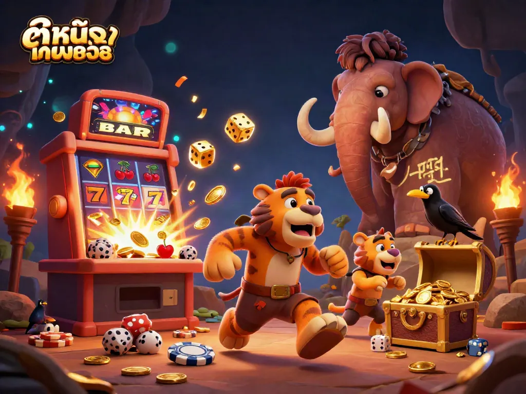 Engage in ดูหนังออนไลน์ at a prehistoric casino with dynamic elements like slot machines and dice