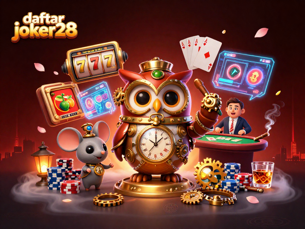 Jelajahi daftar joker28 dalam ilustrasi kasino yang meriah dengan simbol slot dan elemen permainan.