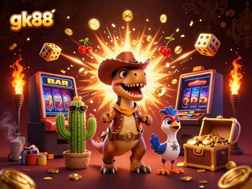 Experience the excitement of gk88 with a vibrant 3D casino scene featuring a cowboy dinosaur and slot machine jackpots.