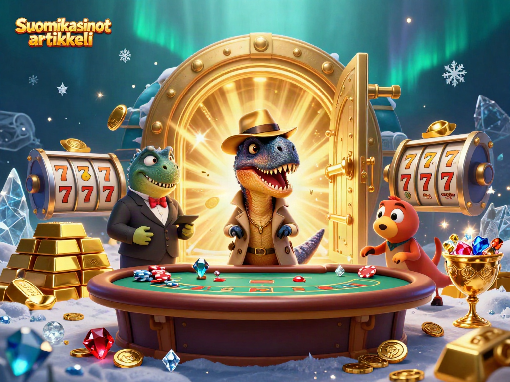 Experience the excitement of gambling at the blackjack table with the Suomikasinot artikkeli featuring cartoon dinosaurs.