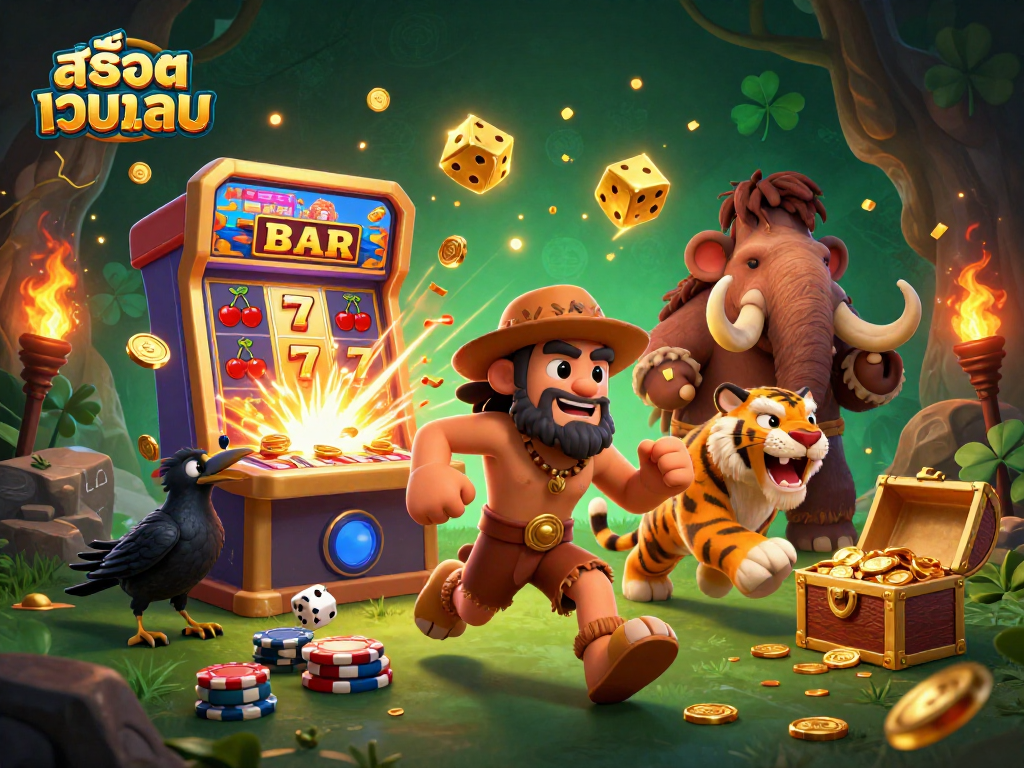 Experience the excitement of สล็อตเว็บตรง with a vibrant 3D casino scene of playful prehistoric characters.