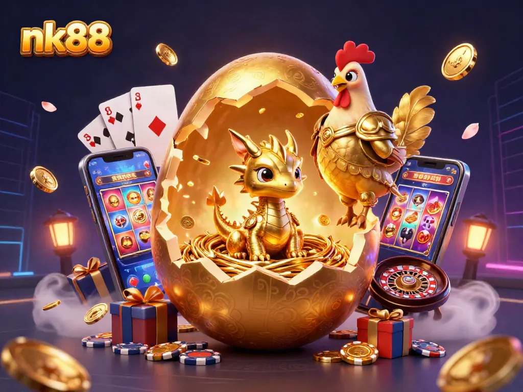 Engage with thrilling gaming action as the nk88 golden egg reveals the golden dragon amidst casino elements.