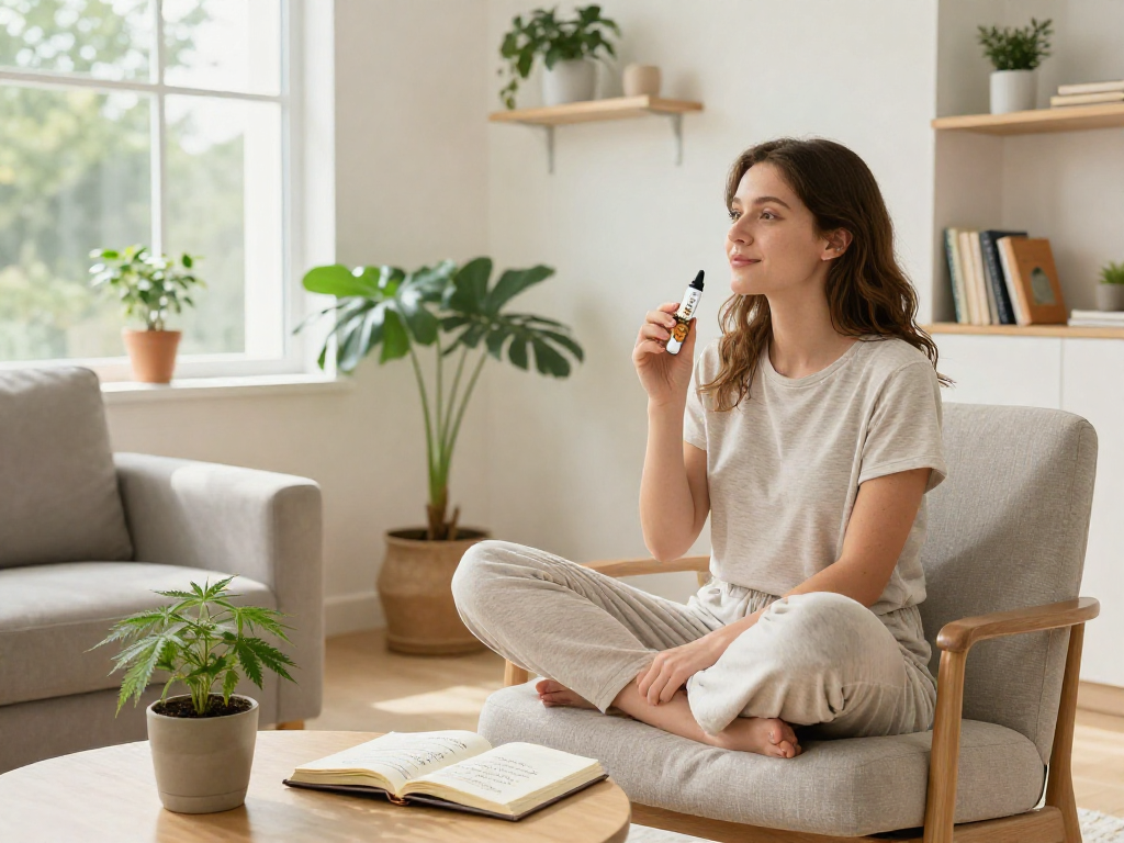Relaxed woman enjoying a cookies vape pen in a cozy living room, surrounded by hemp plants and wellness books, emphasizing a natural wellness lifestyle.