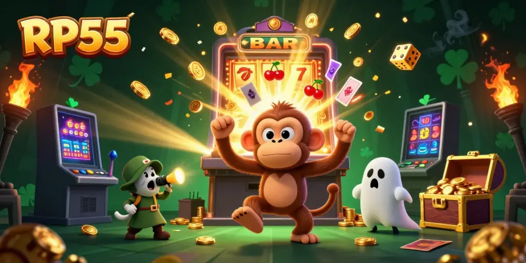Menyaksikan aksi RP55 saat dijamin di mesin slot yang meluap dengan koin emas dan cahaya di kasino hantu.
