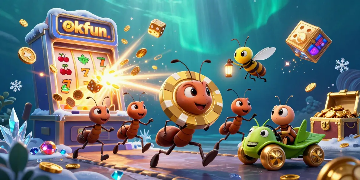 Experience exciting gameplay with okfun as ants engage in a heist for massive winnings in a vibrant casino illustration.