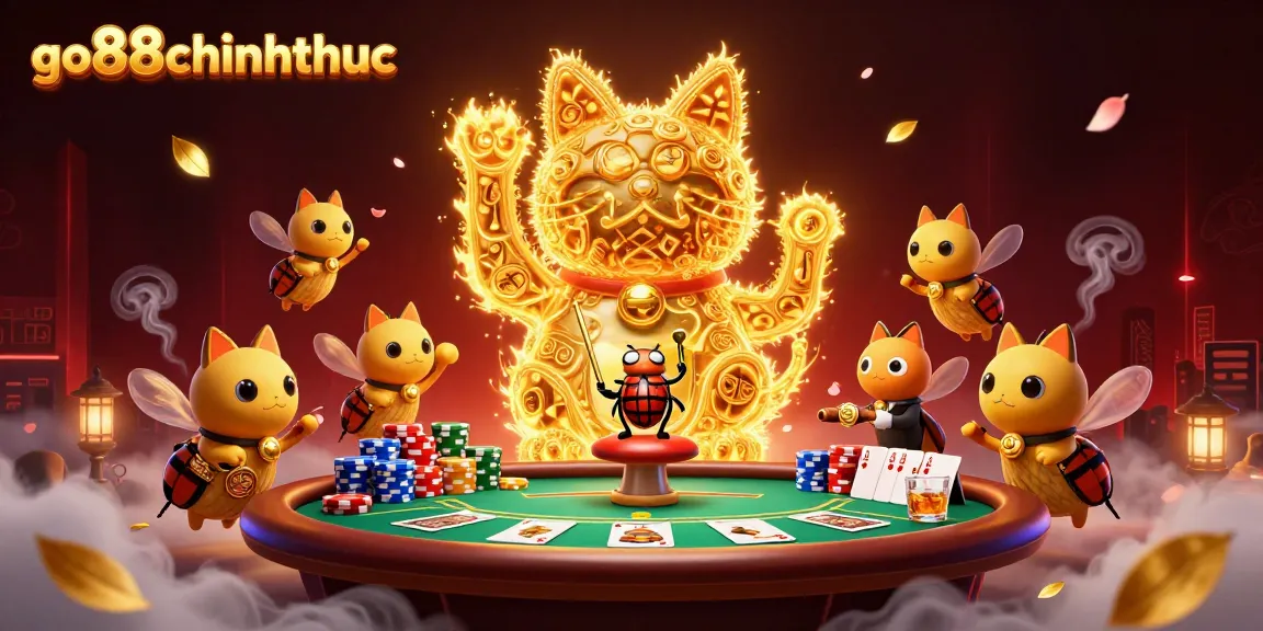Experience go88chinhthuc's vibrant casino scene with a lucky cat and poker action.