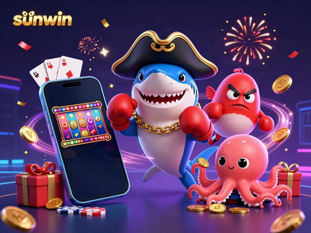 Engage with sunwin’s vibrant casino world featuring a pirate shark, pufferfish, and octopus in a colorful, energetic scene.