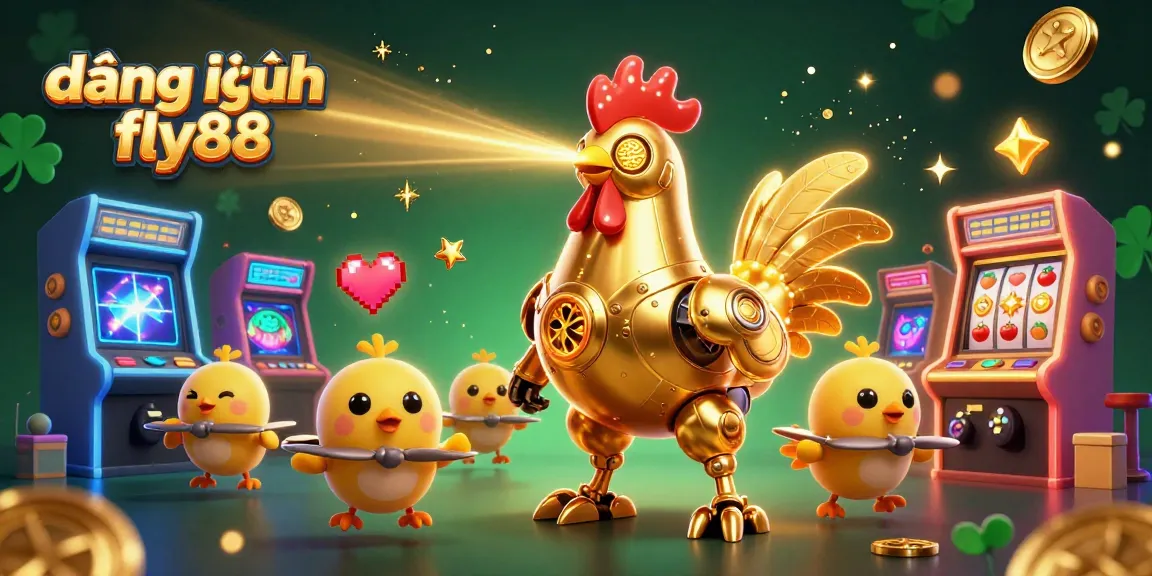 Engage with đăng nhập fly88 in this vibrant scene featuring a golden rooster robot and baby chick drones surrounded by casino icons.