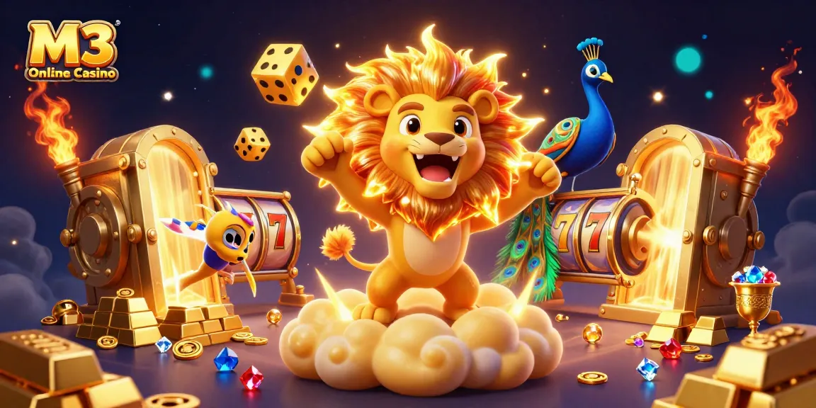 M3 Online Casino offers thrilling gameplay with cartoon sun lion, golden dice, and sparkling treasures.