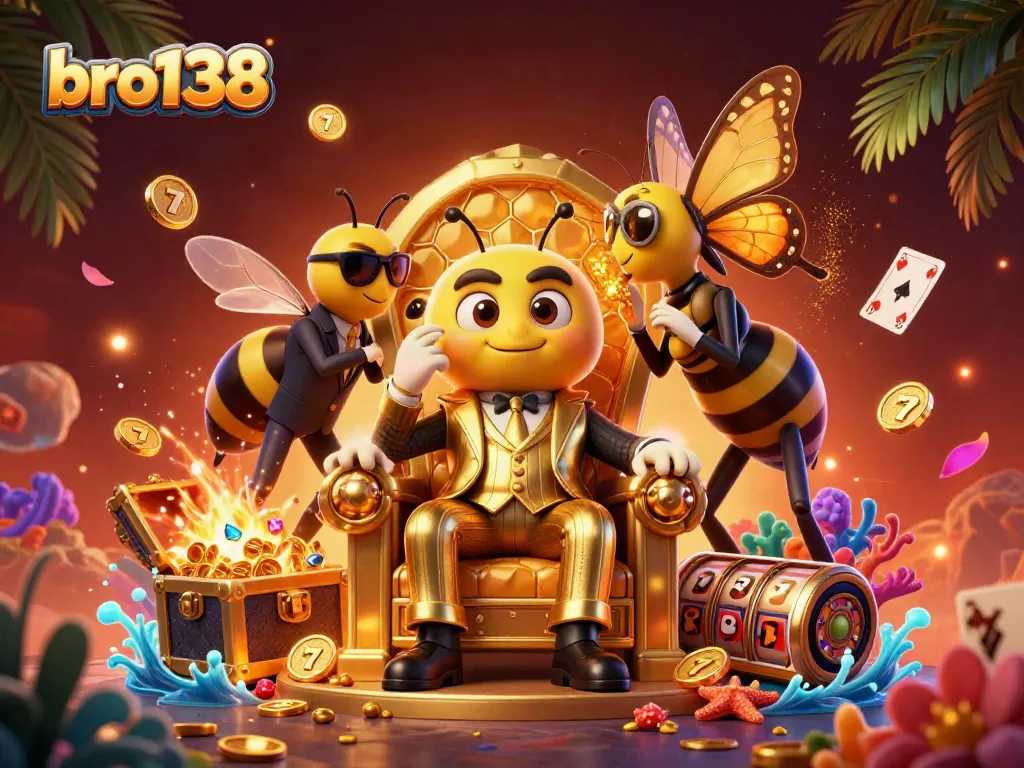 Experience thrilling gaming with bro138's vibrant casino atmosphere amidst golden treasures and dynamic gameplay.