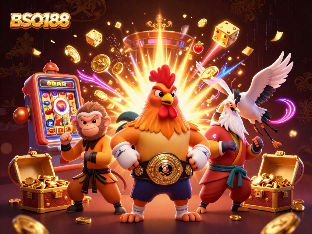 Experience the excitement of BSO188 with vibrant and dynamic casino action from a cartoon illustration.