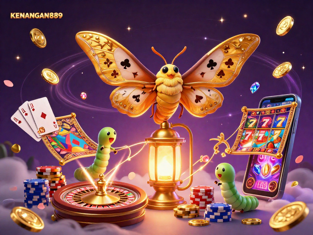 Experience the allure of KENANGAN889 with vibrant casino scenes and golden treasures amidst the enchanting imagery.