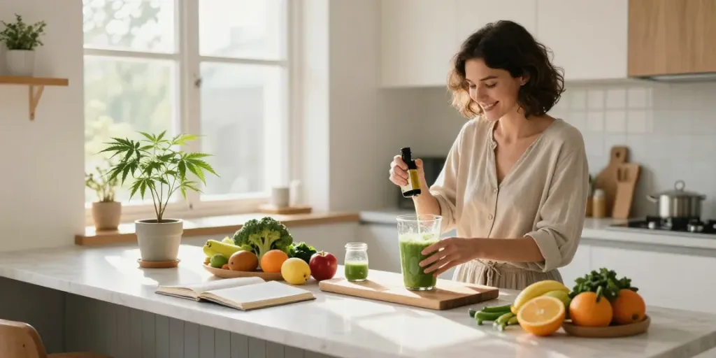 Buds StarDawg integrated into a healthy lifestyle with CBD oil in a smoothie preparation scene, highlighting natural wellness.