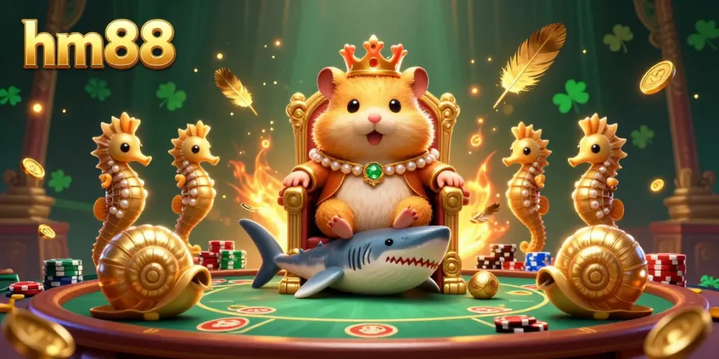 Engage in thrilling activities at hm88 with a golden hamster king and immersive casino atmosphere.