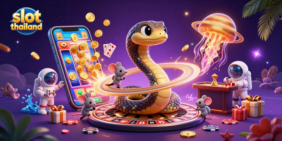 Experience excitement with slot thailand in a cosmic betting scene featuring playful astronauts and vibrant game elements.