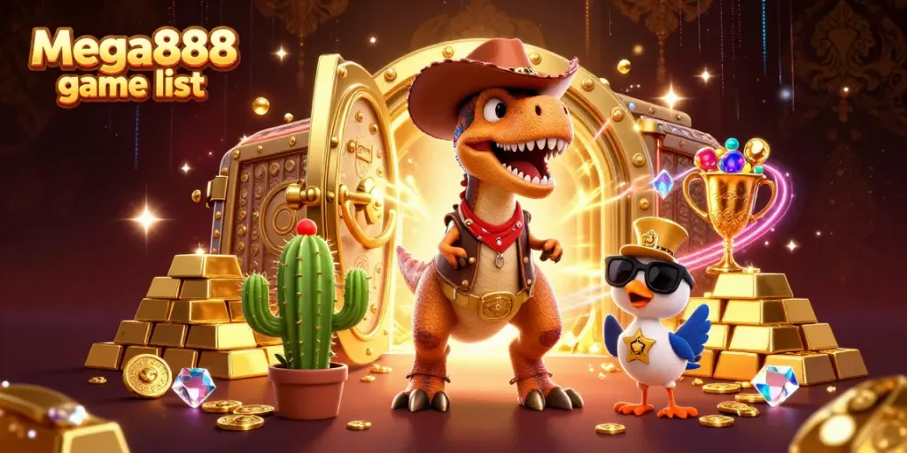 Engage with the mega888 game list featuring vibrant casino-themed characters and dazzling treasures.