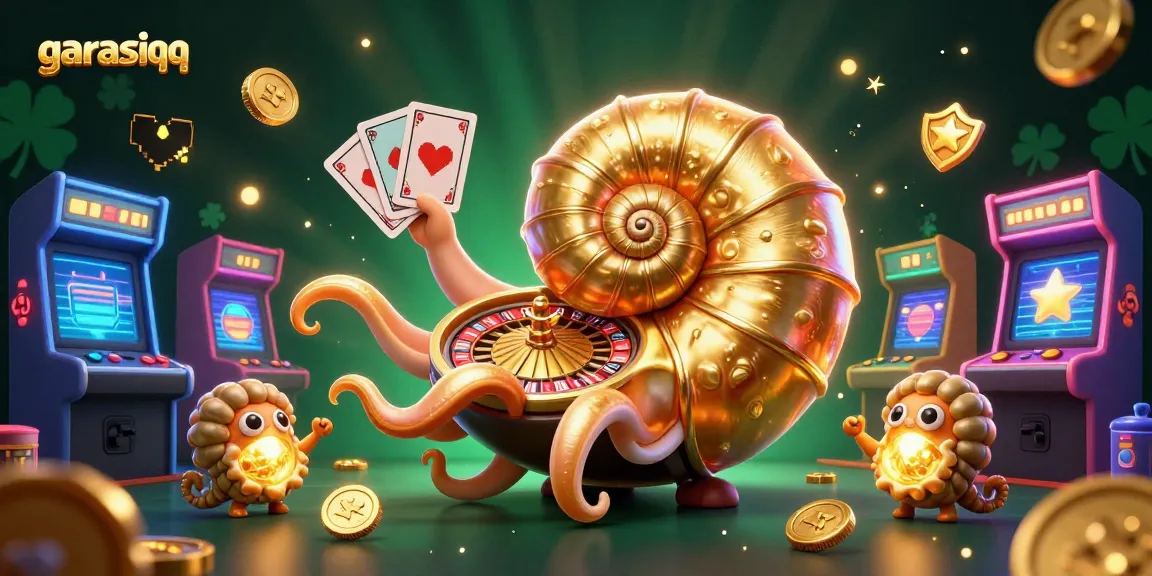 Experience thrilling gaming with garasiqq featuring a giant nautilus and glowing fossils in a vibrant casino scene.