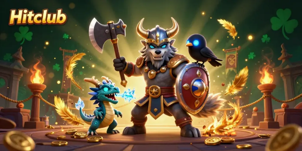 Experience thrilling gaming with Hitclub's mesmerizing illustrations of a Viking wolf warrior and magical creatures.