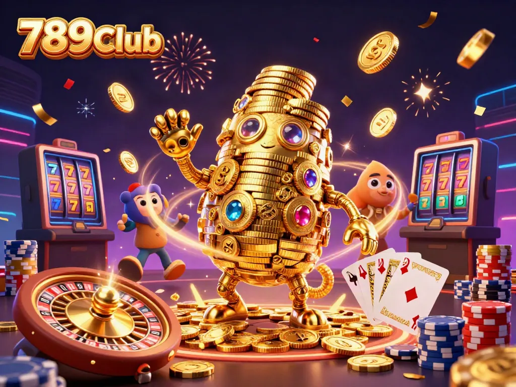 Experience the excitement at 789Club with a dynamic scene of a golden golem, coins, and casino elements.