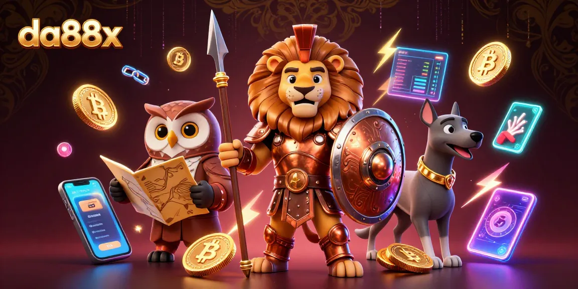 Experience the excitement of da88x with a 3D illustration of a Spartan lion, crypto effects, and vibrant casino elements.