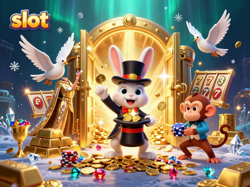 Engaging 3D illustration of a slot-themed casino with a magician rabbit, a dove, and a monkey amid sparkling treasures.