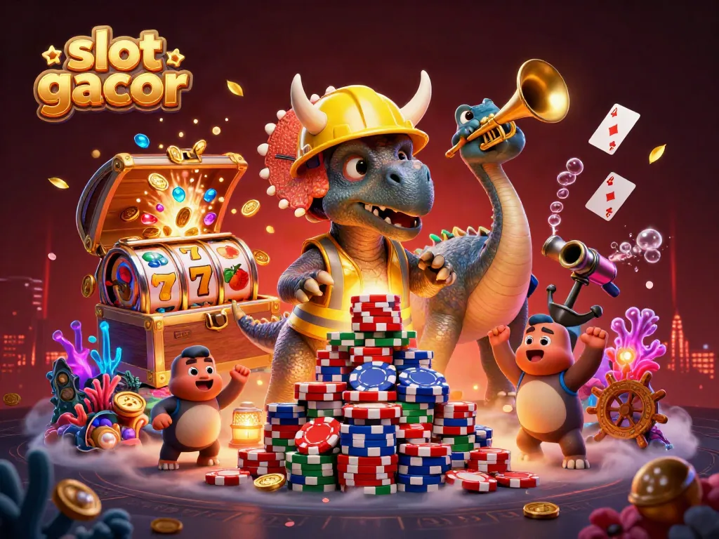 Experience high-energy slot gacor action with a triceratops building poker chips and celebrating luck.