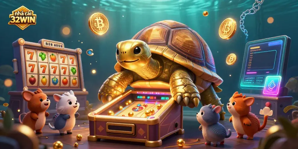 Engaging scene with nhà cái 32WIN featuring a colossal tortoise as a pinball machine and eager animals anticipating gameplay.