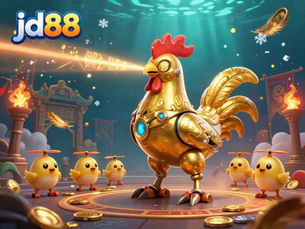Engage with jd88's exciting gambling landscape featuring a golden rooster robot battling for coins.