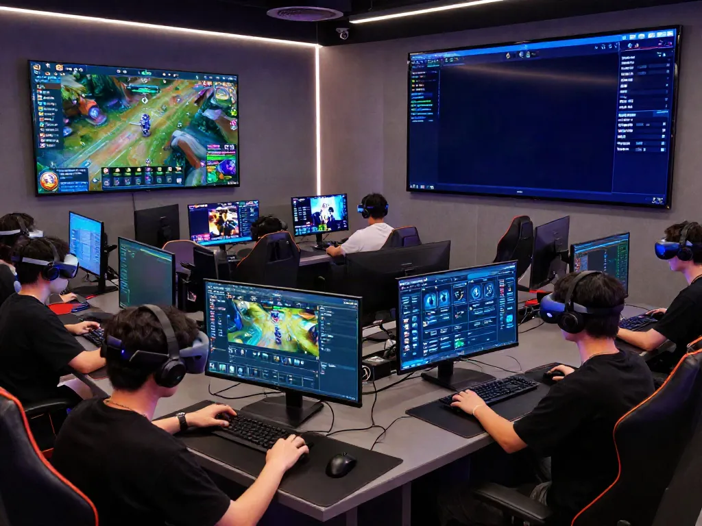 Engaging QQMacan online gaming scene with players and high-tech setups.