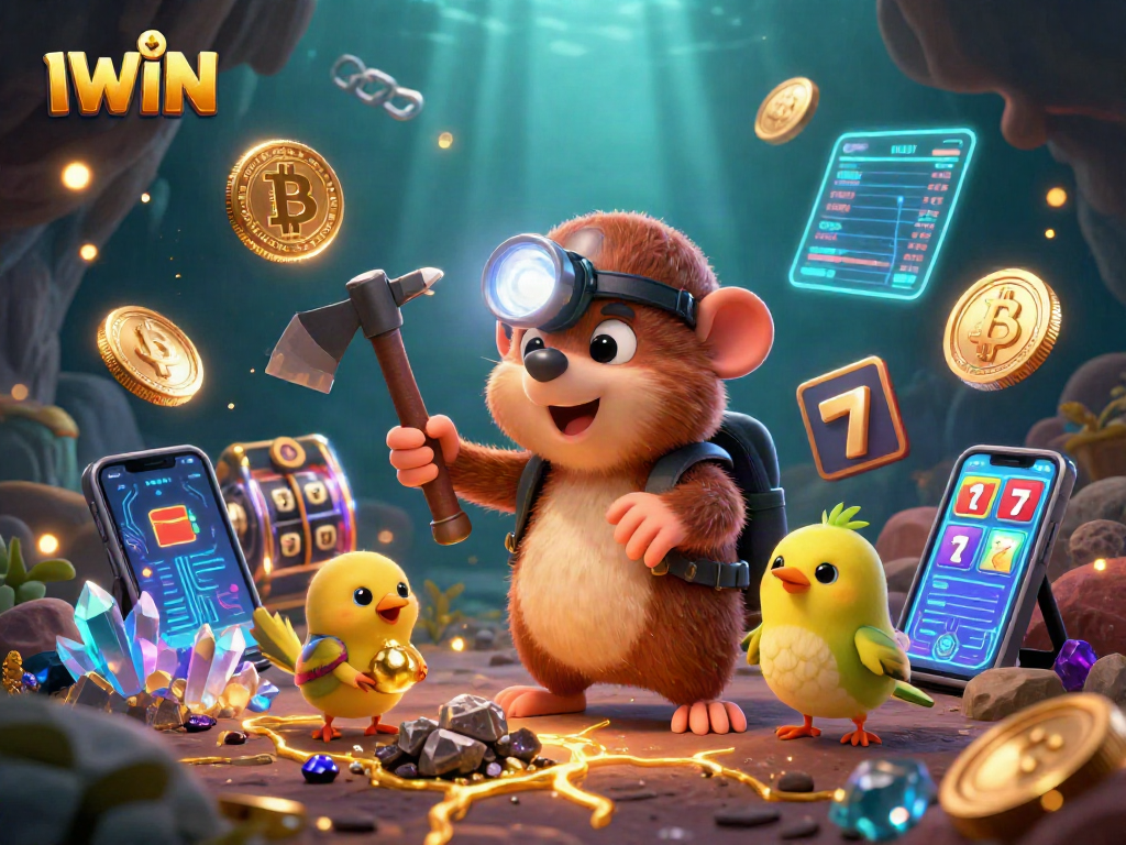 IWIN jackpot scene featuring a treasure hunter mole, canary, and glowing crypto coins in a rich 3D illustration.