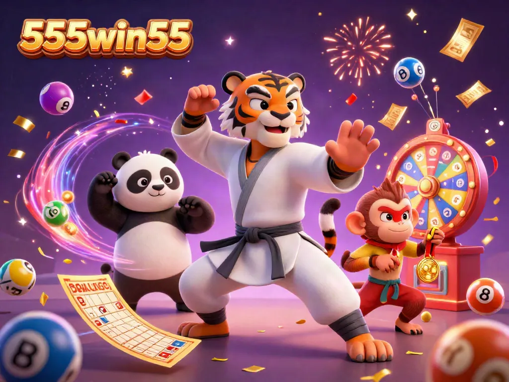 Engage in the excitement of 555win55 with vibrant lottery elements in a festive 3D casino scene.