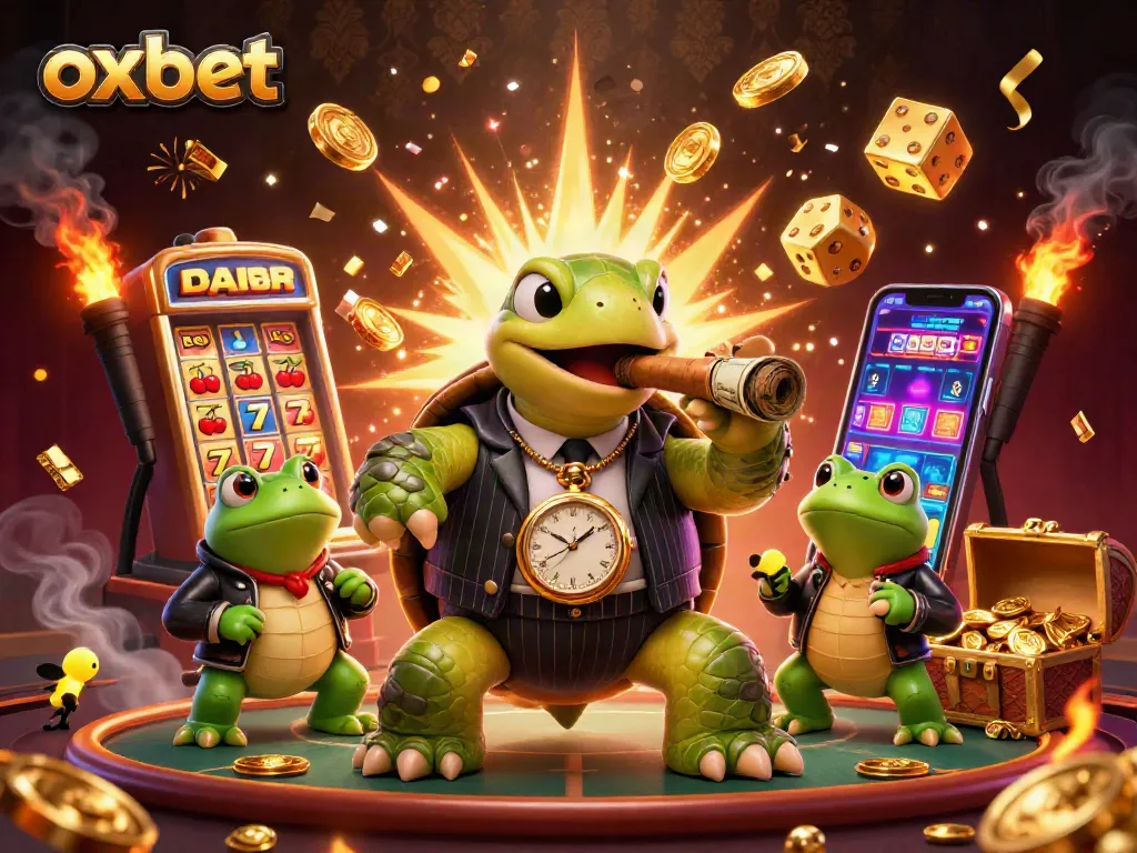 Experience thrilling action at oxbet with a cartoon turtle mobster in a lively casino scene.