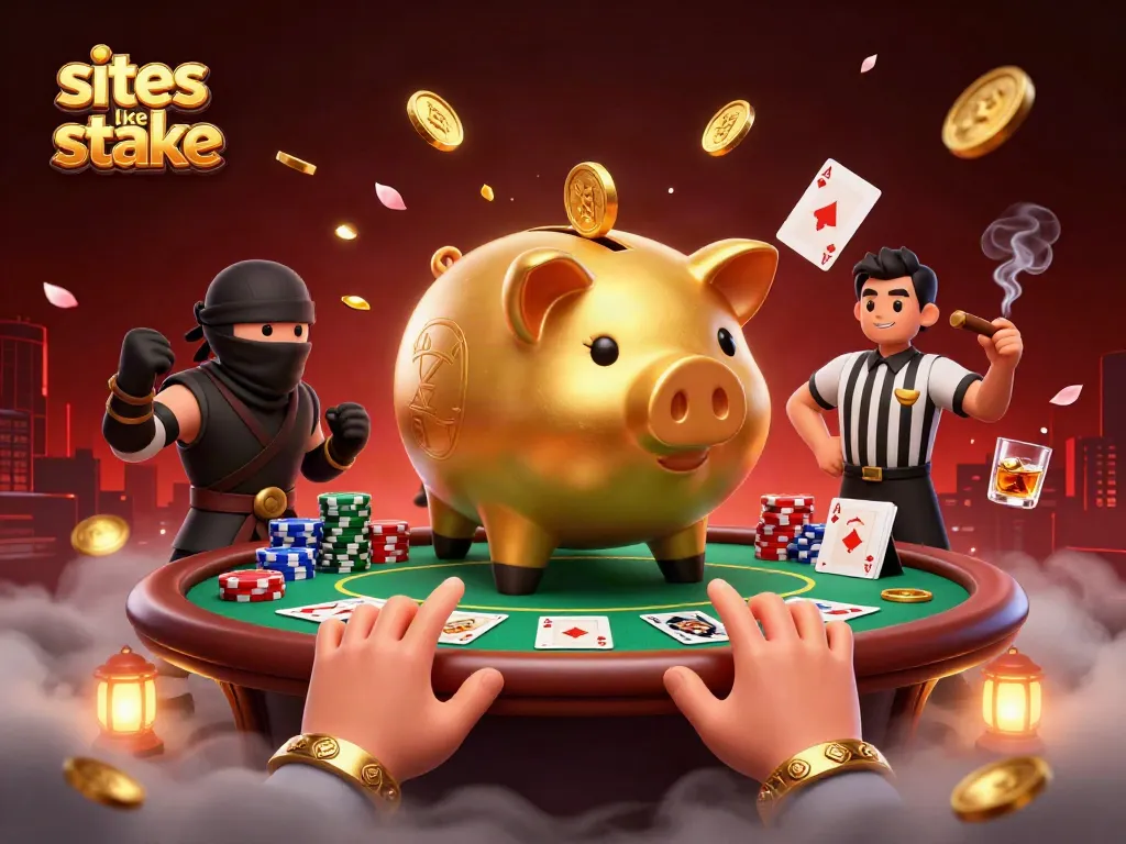 Exciting scene with characters showcasing sites like stake in an animated casino setting with poker elements.