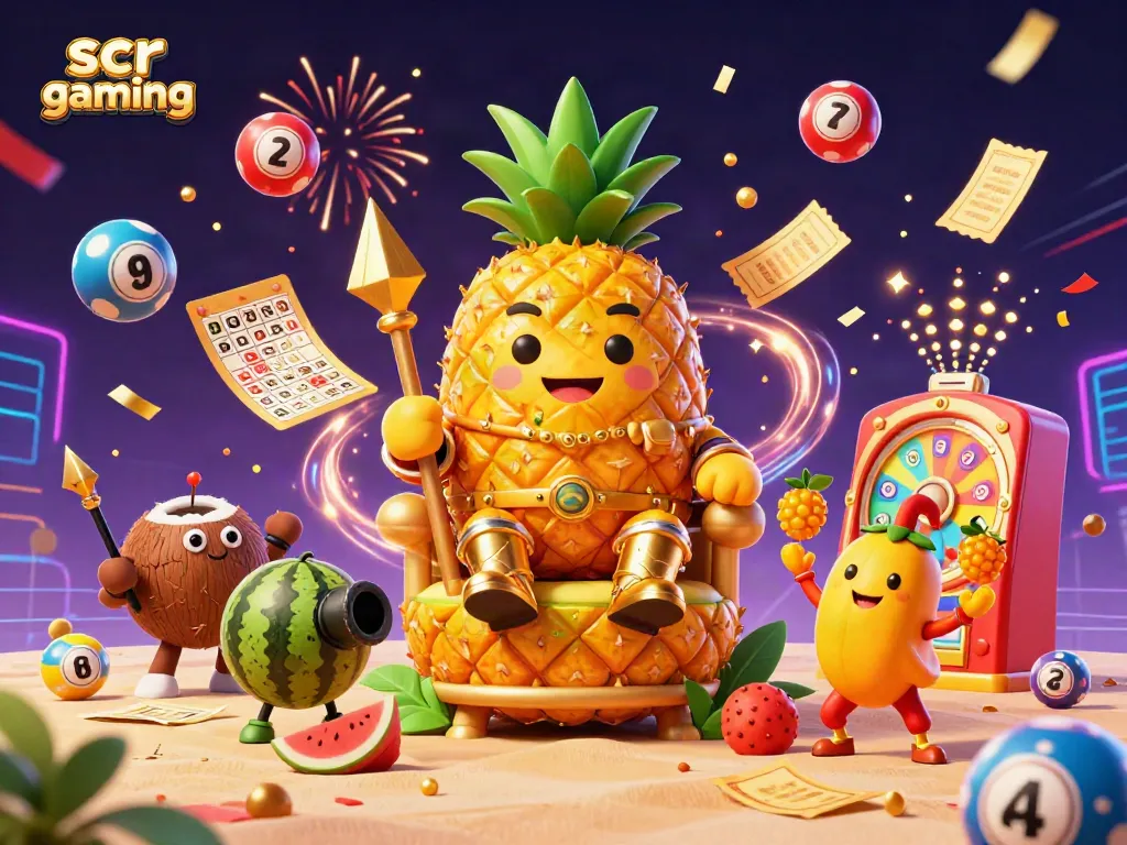 Experience the excitement of scr gaming with vibrant lottery balls and engaging casino characters in a colorful scene.