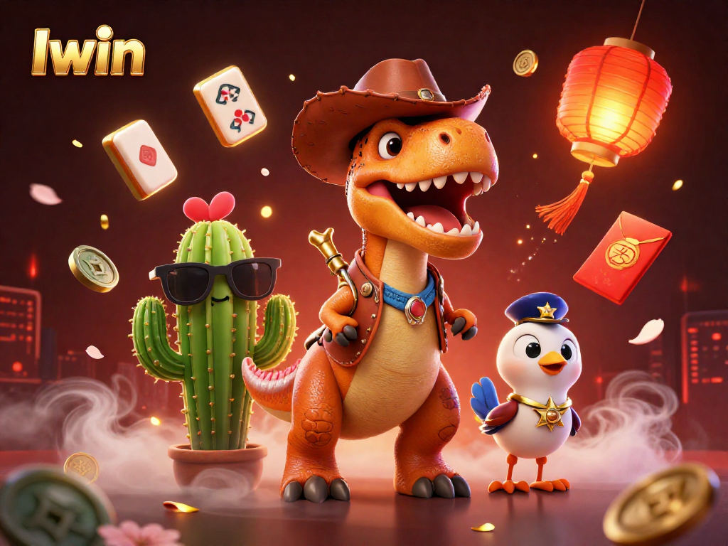 Iwin a vibrant 3D scene featuring a cowboy dinosaur, cactus, and roadrunner among casino elements and festive decorations