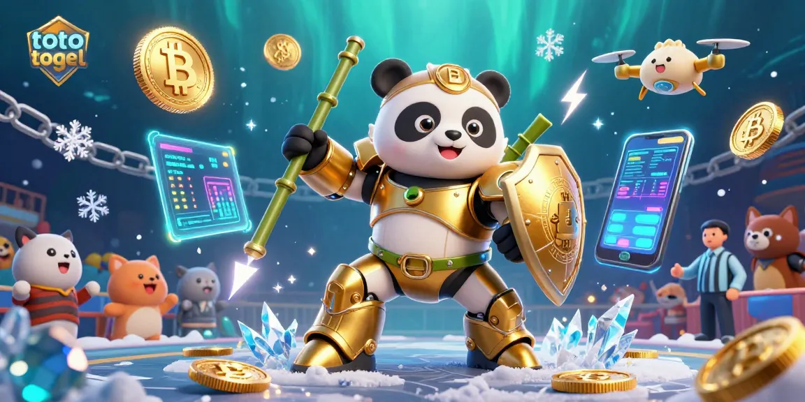 Engage with exciting toto togel gaming action as a golden panda pilots a robot amidst vibrant elements.