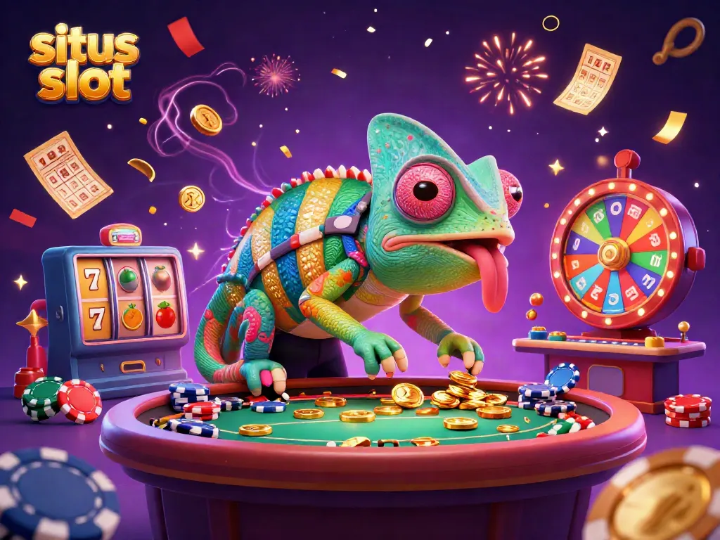 Gambaran situs slot dengan karakter kadal kasino berwarna cerah dan elemen permainan slot yang memikat.
