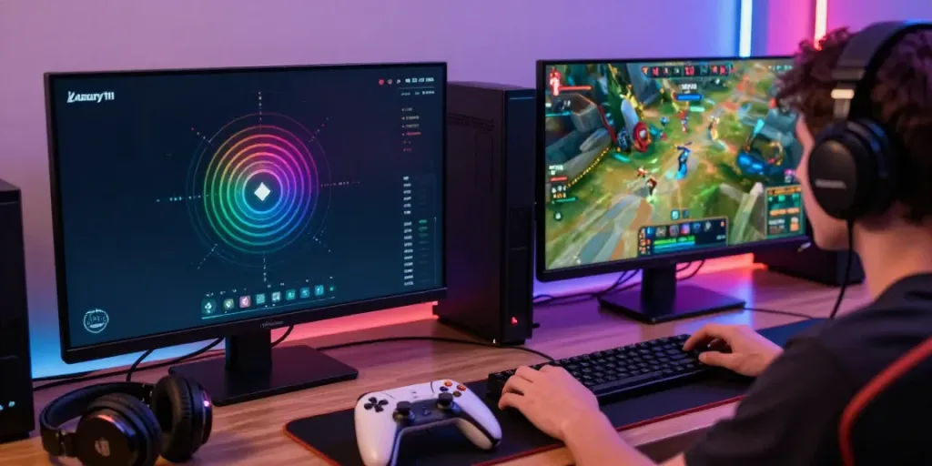 Engaged gamer using luxury111 platform in a high-tech environment with vibrant graphics.