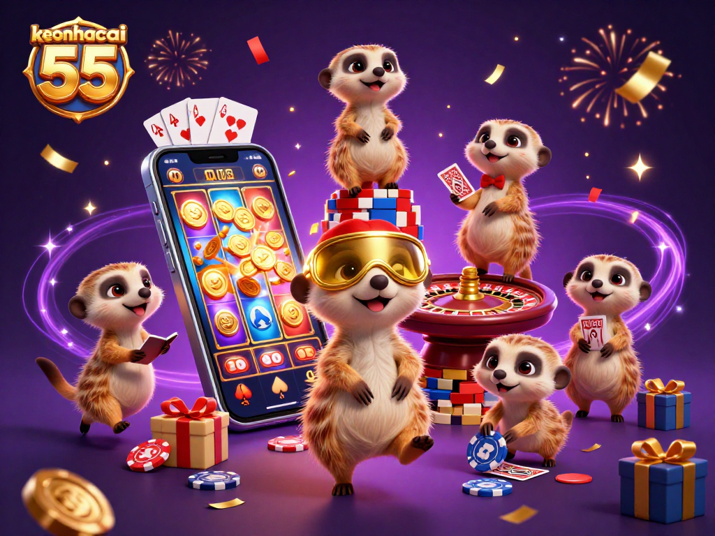 Engage in exciting gameplay with keonhacai 55, featuring playful meerkats demonstrating casino operations.